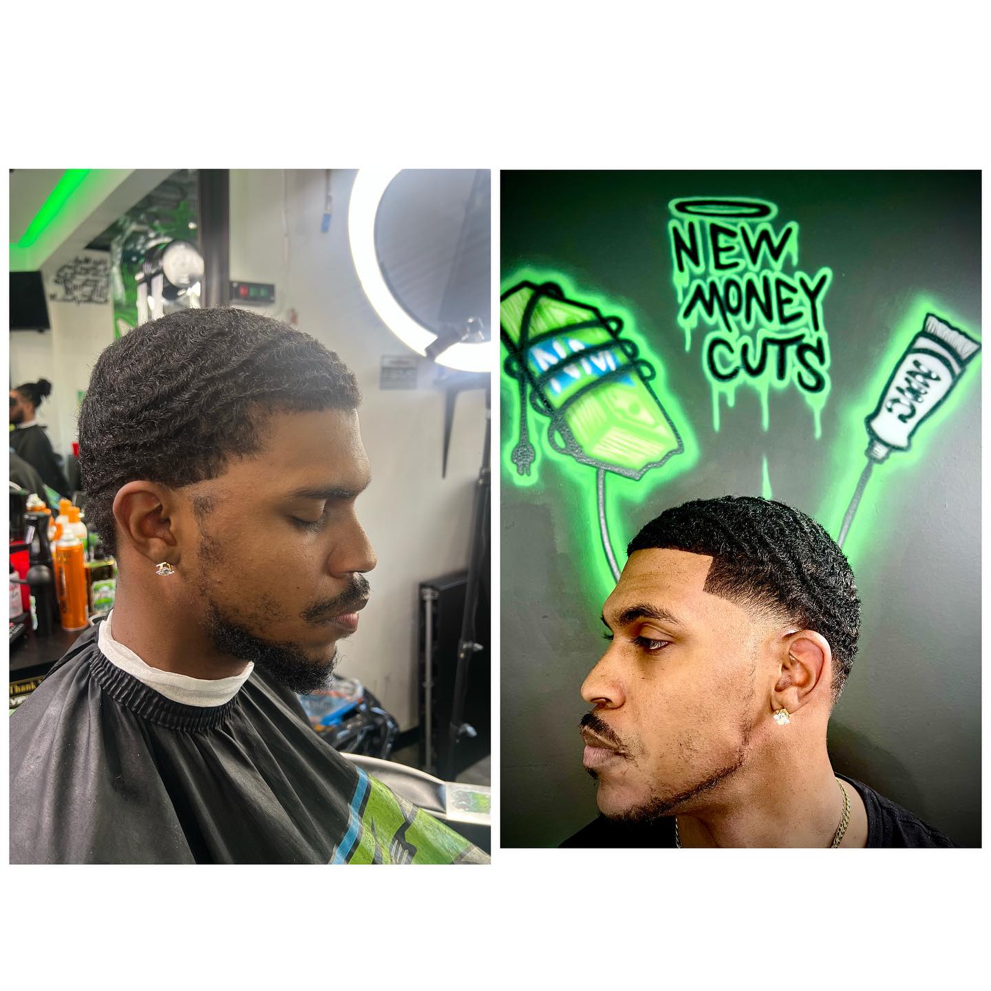 Crisp taper haircut with sharp lineup at New Money Cuts Barbershop